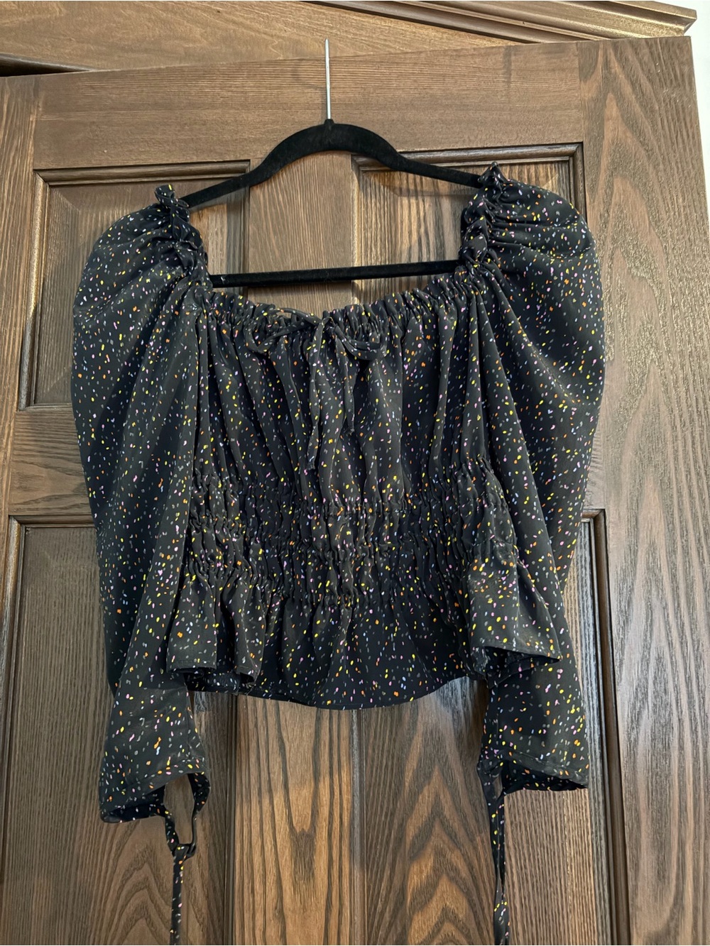 Topshop Black Smocked Puff-Sleeve Crop Top with Multicolor Speckle